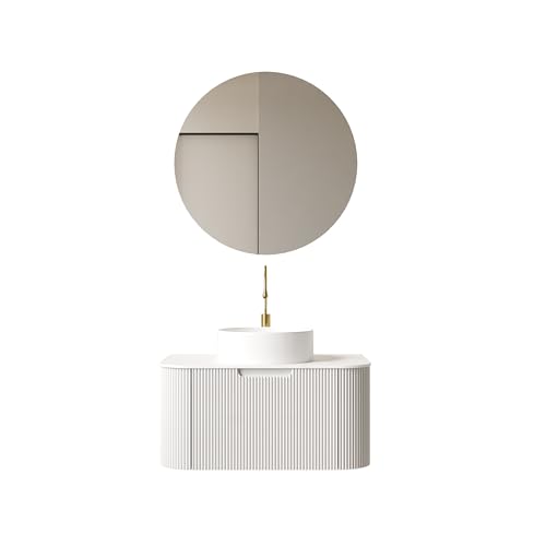 Image of KEIKI 30 inch Vanity with Sink, Floating Bathroom Cabinet with Soft-Close Drawer, 3D Striped Plywood Storage, Vessel Sink-Ready Modern Wall Vanity, White