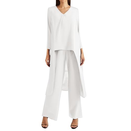 Generisch Hosenanzug Damen Festlich Elegant 2 Teiler Chiffon Shirt Und Hohe Taille Hosenanzug Große Größen Tüll Abendanzug Sets Zweiteiler Outfit Set Brautmutter Anzug