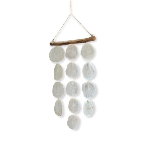 Loberon Romero Carillon à Vent - Véritables Coquillages capiz - Élément de Suspension en Bois flotté Naturel, Blanc