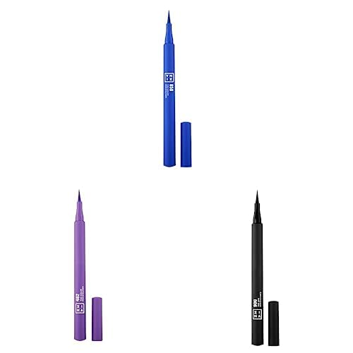 3INA MAKEUP - The Color Pen Eyeliner 850 + The Color Pen Eyeliner 482 + The 24h Pen Eyeliner 900 - Azul - Morado - Negro - Delineador de Ojos de Colores - Eyeliner Líquido Mate - Vegan - Cruelty Free