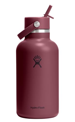 Image of Hydro Flask Water Bottle - Insulated Stainless Steel - Wide Mouth Flex Straw Lid, Non Spill, Leakproof and Refillable in 64 Oz Burgundy