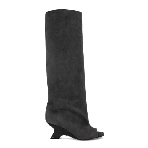 Open Toe Suede Knee High Boots for Women Wedge Heel Boots Pull on Wide Calf Fashion Sexy Tall Long Boot Ladies