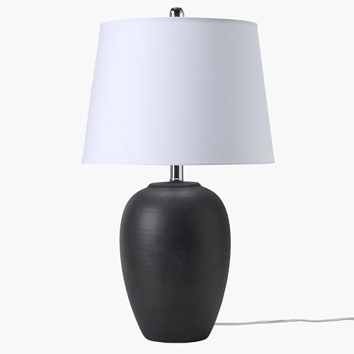 Image of Nourison Home 23 inch Black Vintage Distressed Ceramic Pot Table Lamp for Bedroom, Living Room, End Table, with White Tapered Drum Shade