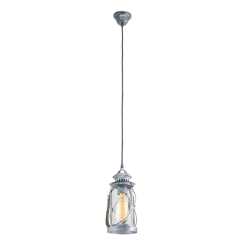 Eglo Pendant Lighting Bradford, Vintage Ceiling Light Fitting Made Antique Silver Steel, Lantern, Hanging lamp for Dining and Living Room, E27 Socket