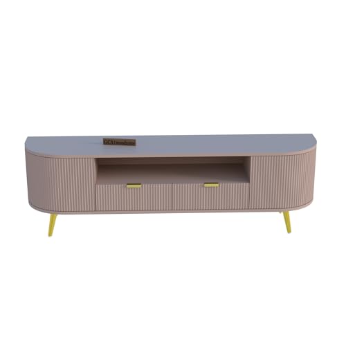 Image of 60L x 16W x 22H Inches Solid Wood TV Unit for Living Room | Modern TV Stand for 55-65 Inch TV | Free Standing Entertainment Cabinet with 2 Drawers (Beige)