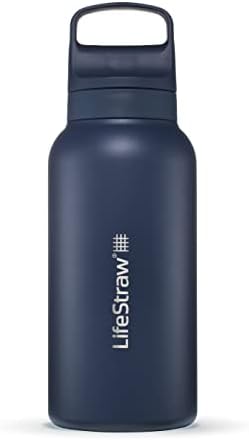 LifeStraw Go Series — Insulated Stainless Steel Water Filter Bottle for Travel and Everyday Use Removes Bacteria, Parasites and Microplastics, Improves Taste, 1L Aegan Sea