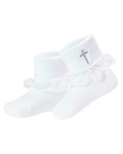 hakugoo Baptism Socks for Baby Girls White Turn Cuff Cross Socks,Toddler Ruffle Cotton Sock Christening Outfits for 2-3T