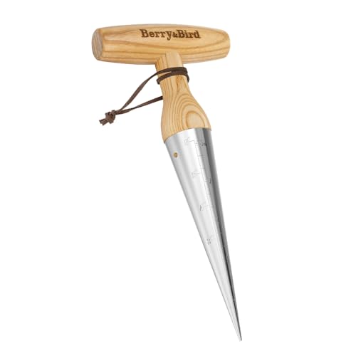 Berry&Bird Stainless Steel Sow Dibbler Garden Hand Dibber Tool with T-Handle & Sharp Tip Ergonomic Dibber for Planting Bulbs Seeds and Seedlings