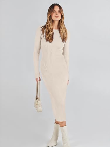 Image of ANRABESS Women Long Sleeve Sweater Dress Crewneck Bodycon Stretch Slim Fit Ribbed Knit Midi Dresses 2025 Fall Trendy Outfits