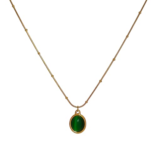 Image of Green Oval Stone pendant Necklace For Women Stylish | Anti Tarnish Waterproof Stainless Steel Chain Pendant Necklaces Jewelry for Love | Gold Plated Jewellery Accessories for Woman & Girls | Birthday Gift for Wife & Girlfriend