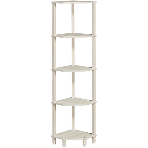YUFAM 5-Tier Corner Shelf with Sturdy 5-Leg Base, 52in Tall Narrow Bookcase for Small Spaces, Wooden Plant Display Shelf, Thin Bookshelf for Living Room, Bedroom, Office, Grey White