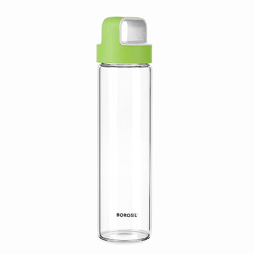 Borosil 550ml Neo Water Bottle | Borosilicate Glass Wide Mouth Bottle for Fridge | Extreme Temperature Resistant For Hot & Cold Water, Milk, Lassi, Juice (Green Husk Lid)