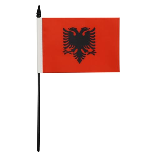 Image of Albania Table Flag 4'' x 6'' - Albanian Desk Flag 15 x 10 cm - Black plastic stick and base - AZ FLAG