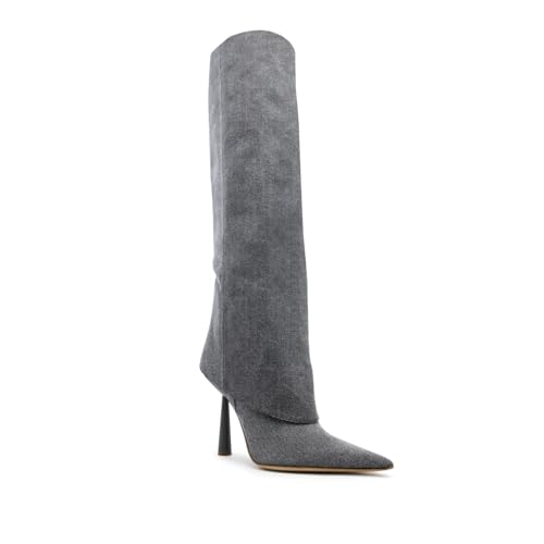 Image of Goolita Fold Over Boots For Women, Pointed Toe Stiletto Heel Knee High Boots Fashion Comfortable Slip On Tall Boots