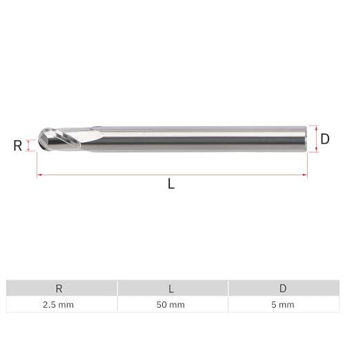 Image of MYS Cermet Ball Nose End Mill -2 Flute-2mm, 2.5mm, 3mmfor Drill Press & Milling Machine,CNC Router Bits Carbide Speed Square for Medium &Low-Carbon Steel，High Speed Machine & More (R2.5-L50-D5)