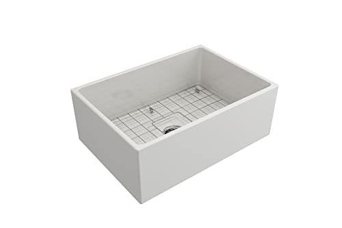 Bocchi Contempo Farmhouse Apron Front Fireclay 27 In. Single Bowl Kitchen Sink With Protective Bottom Grid And Strainer In White #TOP7