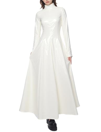 Women's Elegant PU Faux Leather Dress Long Sleeve A-Line Chic Party Wedding Formal Dresses Fashion Highneck Design