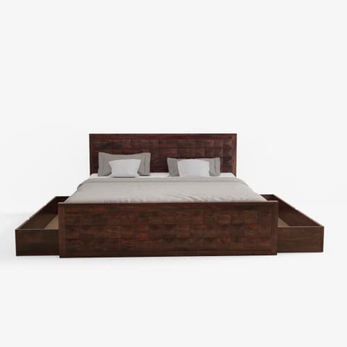 Image of Solid Wood King Size Bed for Bedroom | Wooden Furniture Crafted from Premium Sheesham Wood | Elegant Bedroom Double Bed with 2 Drawer Storage | Walnut Finish (82X75X42 Inches)