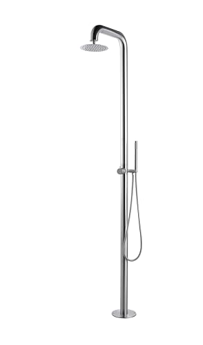 Gardwell Edelstahl Gartendusche Premium Sensation 220 cm Outdoor Dusche mit Regenduschkopf Ø20 cm & Handbrause Warm- & Kaltwasseranschluss Pooldusche Edelstahl 304 gebürstet