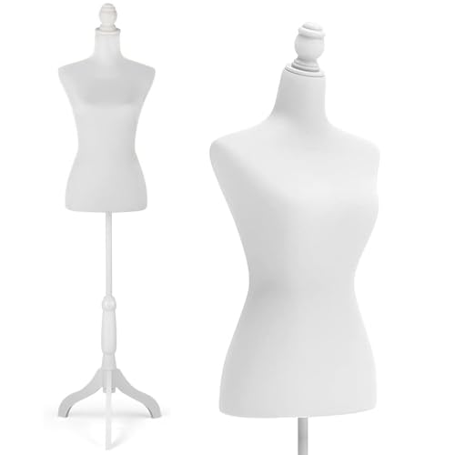 LIODUX Female Mannequins Torso Dress Form for Display Manikin Body Mannequin Stand 150-170cm Height Adjustable for Sewing Wooden Tripod Base Foam Body (White)