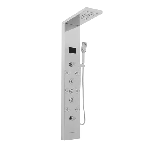 Panneau de douche LED 6 en 1, panneaux de douche en acier inoxydable 304, panneau de douche intelligent avec affichage LED, 8 douches de massage, douchette à main, bec de baignoire (argenté)
