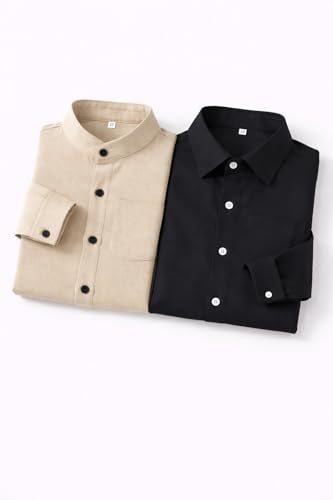 Image of Boys Mandarin Collar Shirt with Chest Pocket Beige and Rama Blue Color, Long Sleeve Button-Down Casual Shirt Pack of 2