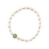 FitJinZun White Freshwater Pearls Oval Beaded Bracelet for Women, Natural Round Green Jade Charm, Lucky Jewelry Christmas Gift for Her (Green Jade Charm)