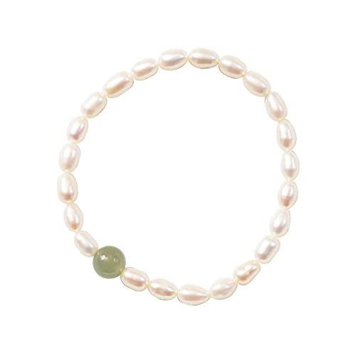 FitJinZun White Freshwater Pearls Oval Beaded Bracelet for Women, Natural Round Green Jade Charm, Lucky Jewelry Christmas Gift for Her (Green Jade Charm)