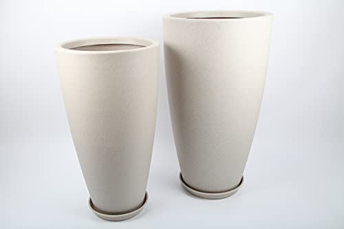 point-garden 2X Blumentopf, Pflanzkübel, Pflanzgefäß mit Untersetzer, Sandfarben, 80/90cm - für Innen und Außen