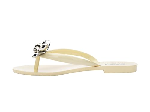 Melissa Harmonic Eclipse Womens Fashion Sandals - Dressy Flip Flops with Metallic Bow - Lightweight PVC, Flexible Design - Summer Sandals for Women, Flat & Flexible, Beige, 6