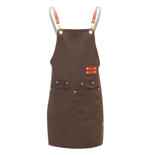 Grembiule da Pittore Uomo Donna, Grembiule da Lavoro Unisex, Grembiule Barbecue, Grembiule Giardinaggio con 4 Tasche e Schiena Incrociata, Grembiule Cucina Impermeabile, Grembiule Ristorante (Marrone)