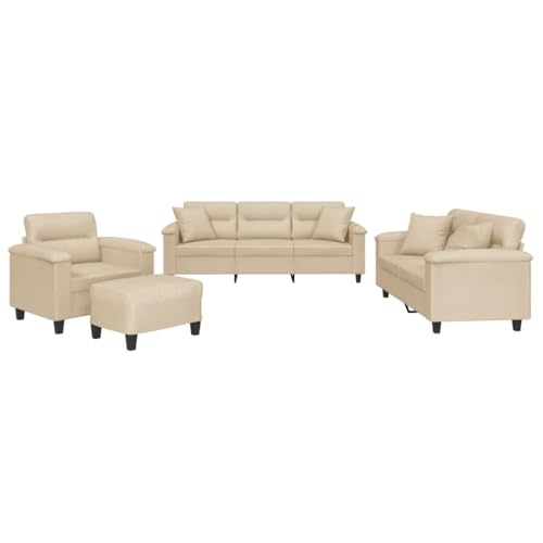 vidaXL Sofagarnitur 4-TLG., Sessel Couch mit Kissen Fußhocker, Sofa Wohnzimmersofa mit Armlehnen, Couchgarnitur Designsofa Sitzmöbel Polstermöbel, Creme Mikrofasergewebe