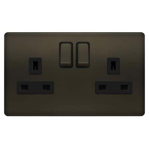 EVOGES Terra 2 Gang 13A Double Pole Switched Socket Decorative Wall Power Outlet Twin Plug Socket Fits Standard UK Back Boxes UK Wiring Accessories (Slate Bronze)