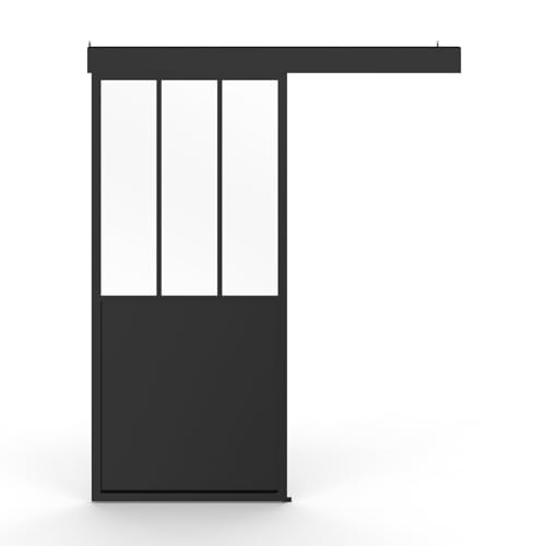 IDMarket - Kit porte coulissante verrière verre trempé 93 cm en métal + MDF avec rail et fixations