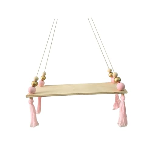 Sosoport Estante Colgante de Madera Nórdica con Cuentas y Borlas Rosa Estantería Pared Decorativa Ajustable para Almacenamiento Dormitorio Infantil y Sala de Estar