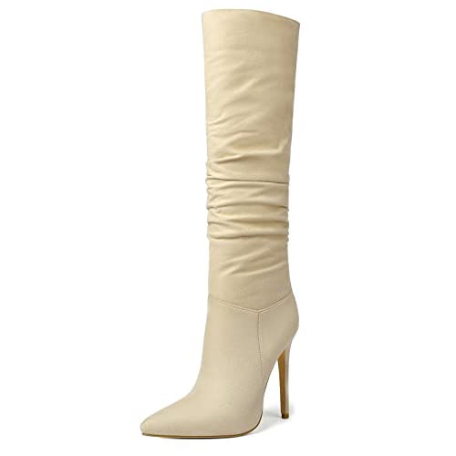 Reitoye Women's Knee High Boots Sexy Pointed Toe Stiletto High Heels Pull-On Boot