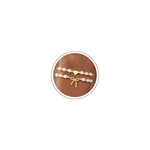 Image of Turandoss Beaded Bracelets for Women, Adjustable Handmade String Bracelets Dainty 14K Gold Plated Double-Circle Heart Bracelet Cross Wave Bow Pendant Bracelet Set Jewellery Birthday Gifts for Friend