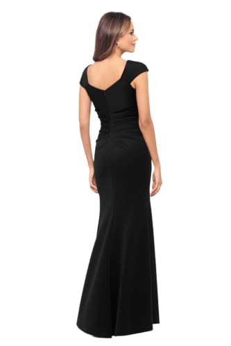 Image of Xscape Women's Long Boat Neck Bodycon Evening Gown with 3 /4 Sleeves, Side Ruching, & Cascading Ruffle