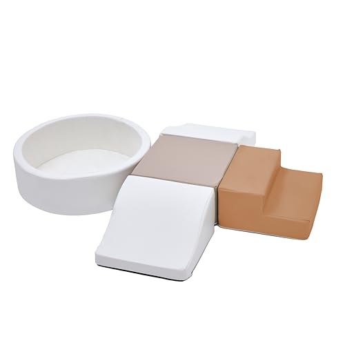 Image of Foam Climbing Blocks for Toddler: with 4-Piece PU Leather Climbing Toys and a Ball Pit - Foam Ball Pit for Toddlers - Climbing Toys Indoor for Kids Crawling (Beige /Ivory Climbing Blocks)