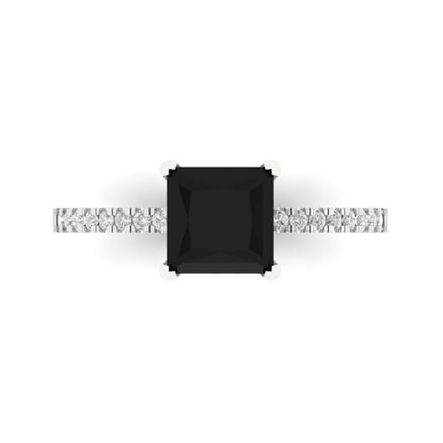 Clara Pucci 1.62 CT Princess Cut Natural Onyx Ring for Women in 14K White Gold, Solitairewith Accents Proposal Wedding Anniversary Designer Bridal Ring, Womens Solid Gold Ring