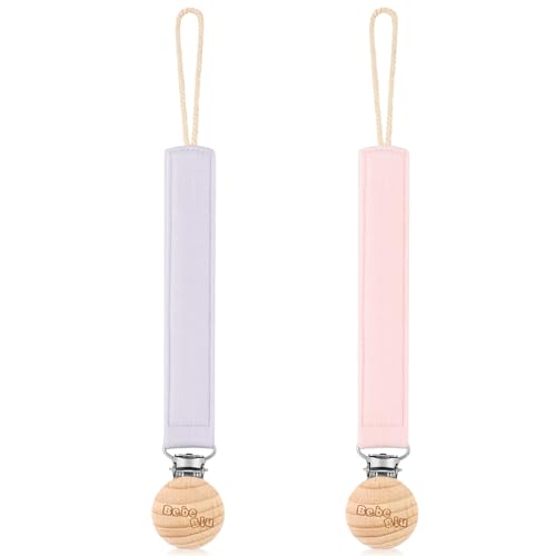 Image of BebeBiu Baby Pacifier Clip, 2 Pack Fabric Pacifier Clips, Super Soft Fabric Strap with Wooden Clip, Pacifier Clips for Baby Girl & Boy (Pale Mauve/Blush)