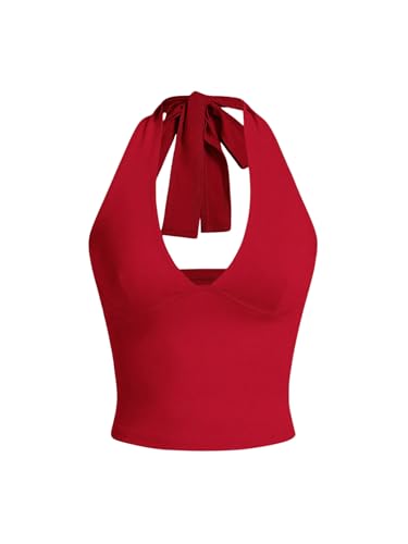 最終価格【yo BIOTOP】rayon bare halter neck Solid Color Halter Neck Bandana Hem Open Tie Back Top for Women