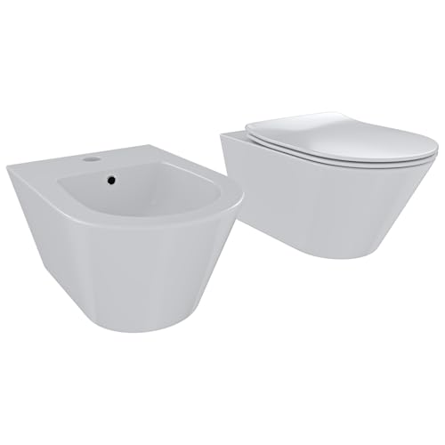 Coppia Sanitari Sospesi Vaso WC Rimless Con Tornado Flush E Bidet Sospeso Design Moderno Tondo In Ceramica Con Copriwater Chiusura Soft Close Rallentata (Bianco Lucido)