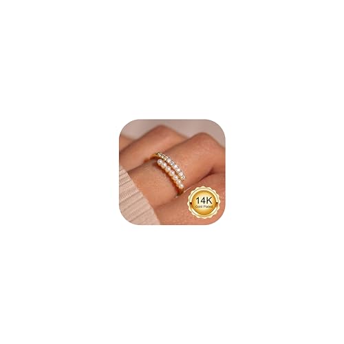Morfetto Bague Femme Plaqué Or 14K Réglables Ouvertes Empilables avec Perles et Zirconia Cadeau Fiançailles Bague Pouce Promesse Mariage Or CZ