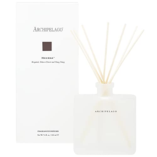 Archipelago Botanicals Havana Reed Diffuser, Home Fragrance Reed Diffuser, Includes Fragrance Oil, Frosted Glass Vessel & 10 Diffuser Reeds, Perfect for Home, Office or Gift, 7.6 Fl Oz