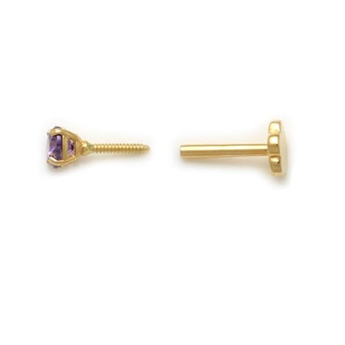 Image of AVORA 14K Yellow /White Gold 3mm Round Simulated Diamond (0.1 carat) Cartilage Piercing Flat Back Earring Body Jewelry (18 Gauge) - Emerald, Ruby, Amethyst, Sapphire, Sim. Diamond