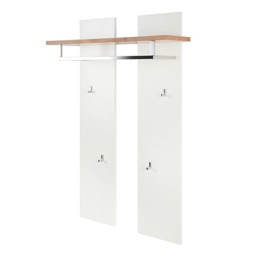 home24 Garderobenpaneel in Weiß und Eiche-Dekor, Lackiertes MDF mit verchromter Metall-Kleiderstange, Kompakte Wandgarderobe für den Eingangsbereich