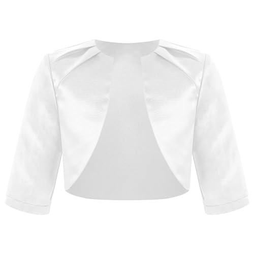 JEATHA Kids Girl 3/4 Sleeve Satin Short Cardigan Jacket Pleated Elegant Cropped Bolero Shrug for Wedding Party