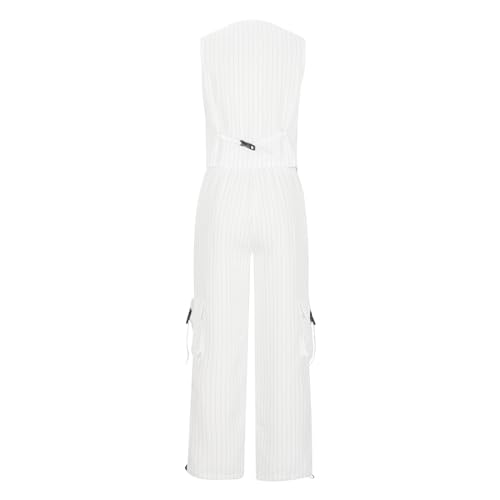 Womens 2 Piece Suits Set Button Down V Neck Vest Sleeveless Tops and Pockets Cargo Pants Trendy Striped Print Outfits4