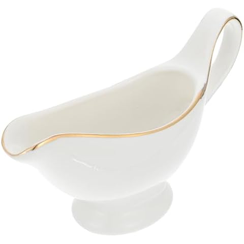 OSALADI Ceramic Gravy Boat Pourer Dish: Porcelain Creamer Pitcher with Handle Steak Gravy Boat Milk Jug with Gold Trim Condiment Bowl Sauce Dispenser Cover